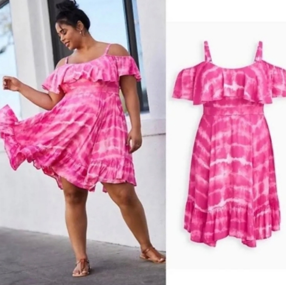 Torrid Pink Boho Gauze Tie-Dye Cold Shoulder Handkerchief Skater Dress 3…
